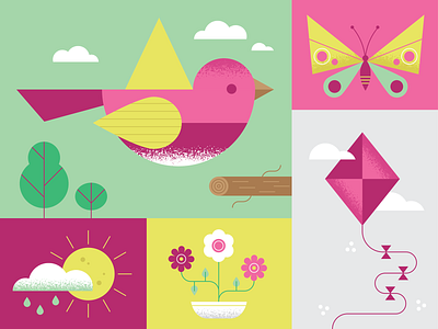 springtime 🌸⛅️🌿 bird butterfly colors design flat flowers illustration seasons spring springtime sunshine texture vector