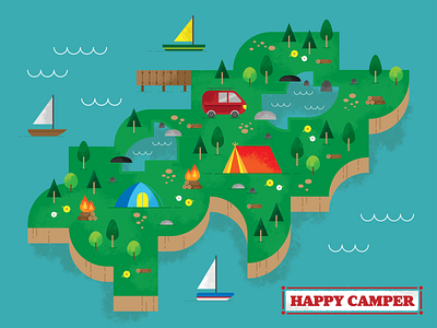 happy camper camping colors design flowers illustration spring summer tents texture trees vector water