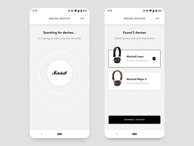 Marshall Bluetooth- Adding Devices android app black bluetooth button connecting cta design headphones minimal results searching ui white