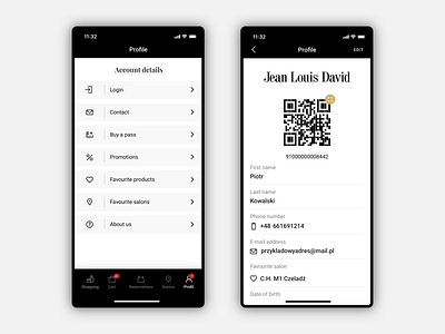 JLD- Hairdressing salon app. Profile and menu.