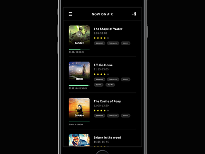Movie app concept 'Now on air' app bar design film filter menu movie app player progress rating tags timestamp ui ux