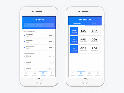 'Bus stops' and 'My tickets' app bottom bar bus bus stop design menu bar search ticket travel