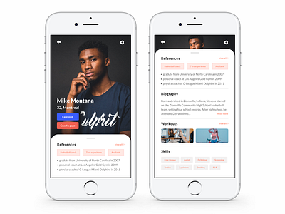Personal coach profile screen. app coach design film player profile profile screen swipe tags trainer