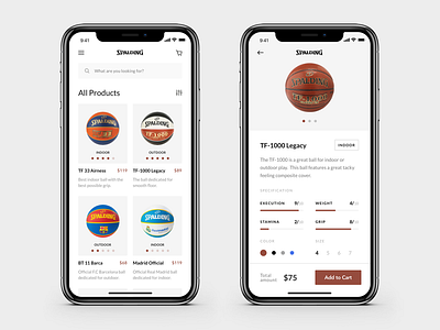 Spalding e-commerce app concept. add to cart app concept basketball cart cta ecommerce price search spalding