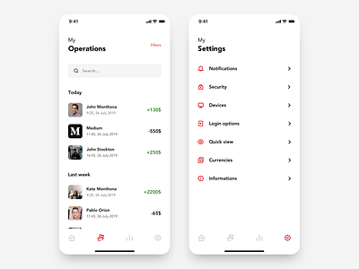 Santander App redesign concept-Operations and Settings app banking design filters finances icons minimal operations search settings tabbar transactions ui