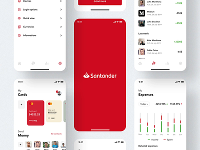 Santander redesign concept- Presentation app banking code cta button dashboad design finances history investment minimal money transfer settings splash tabbar timer ui