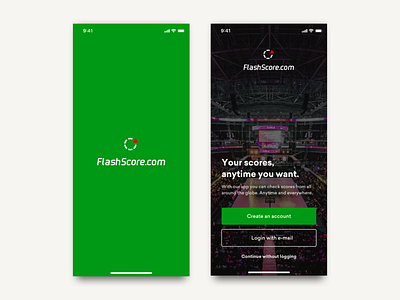 FlashScore redesign app- Splash and Login button cta ghost button green login screen logo minimal scores splashscreen sports