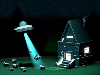 UFO and country house 🛸 3d design illustration