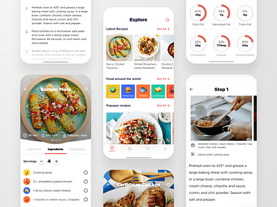 Cooking app concept app challenge concept cookbook cooking design food ingredients instructions kitchen mobile app nutrition recipes stats ui ux white