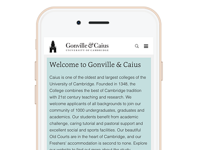 Gonville & Caius College website (mobile) cambridge college mobile ui university website