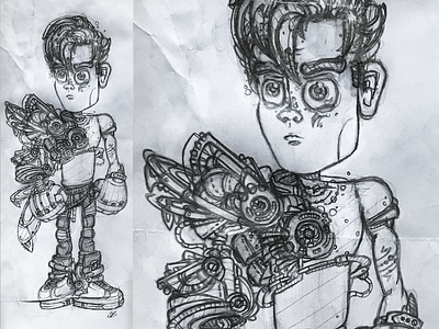 Character concept: Punk hero kid armor character design galaxy hair hero pencil sketch steampunk teen boy teenager wings