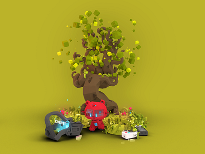 Tree Scene (work in progress) 3d blender c4d cat cat kitten character design cute gameboy illustration iphone isometric low poly oculus particles tree videogame vr