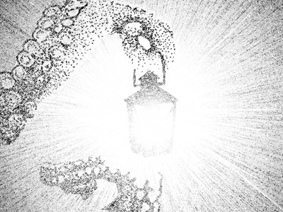 Octopuss With a Lantern 60s black and white dots drawing hand psychedelic rick griffin wip