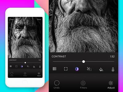 Photo Editing app black dailyui dark editing editor filters ios iphone mobileapp photo ui ux