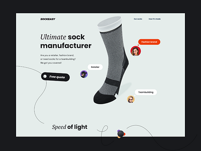 Sockeasy Hero composition landing page layout manufacturer playful socks typography