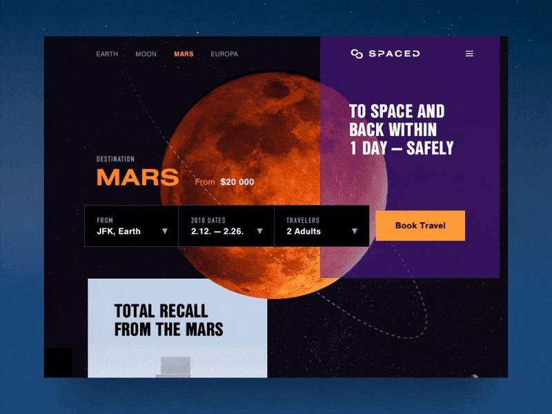 SPACED Website Concept Interactions dark design homepage landing logo moon sci fi space spaced spacedchallenge transiton travel