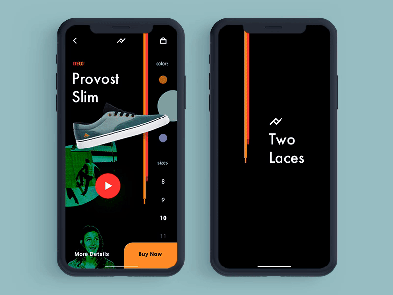 Two Laces app dark ui footwear ios iphonex laces orange product detail shoes shop sneakers yellow