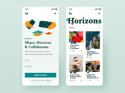 Horizons Mobile app grid ios layout light photos posts stories travel typography