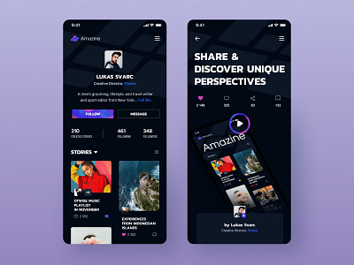 Amazine Profile & Story Cover branding case study dark exploration ios layout magazine stories typography