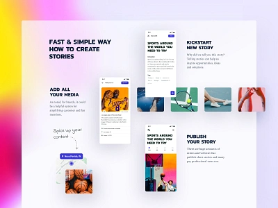 Content Pieces app background blur colors gradient images layout location stories userflow