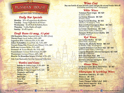 BAR MENU OF RUSSIAN HOUSE RESTAURANT