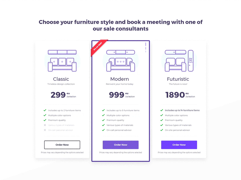 Pricing Options animate clean commerce cost design furniture illustration interaction minimalistic packages page plan pricing sale shop ui ux web xd