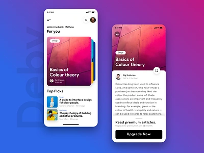 Deby | A focussed reading app in flutter app articles cards ui carousel colour design dribbble ios personalised stories ui uiux ux