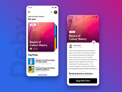 Deby | A focussed reading app in flutter app articles cards ui carousel colour design dribbble ios personalised stories ui uiux ux