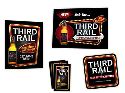 Third Rail Beer - Promo Items adobe illustrator adobe photoshop business card collateral drink coasters magnets postcard print table top sign