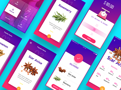 Herbs app anise blue checkout delivered interaction pink purple star ui