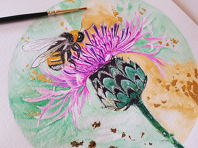 Gold Thistle bee exploration flowers gold golden green painting red watercolour yellow yellowbee