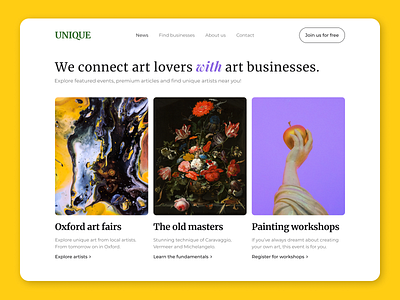 UNIQUE – platform for art lovers and art businesses art articles design graphic design hero section minimalism simple ui ux web design website