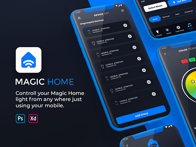 Magic Home App UI app blue clean design falcon green logo prototype silver ui yellow