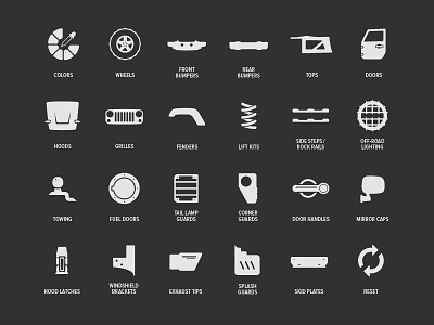 Jeep Item Options - Iconography automotive car icon iconography icons item jeep options vector