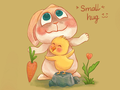 Small hug bookillustration chick cute digital art drawing happy hug illustration love rabbit