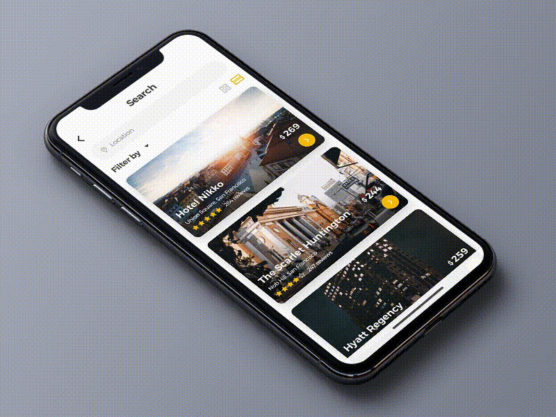 Hotel Booking animation app booking card hotel ios 12 mobile principle result search travel