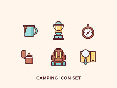 Camping Icon Set backpack coffee compass cup glass icon illustration lantern lighter magnifier outdoor outline