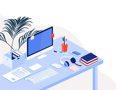 Workplace book computer document envelope headphones illustration isometric keyboard manager mouse office pen table vector art web work work desk workplace