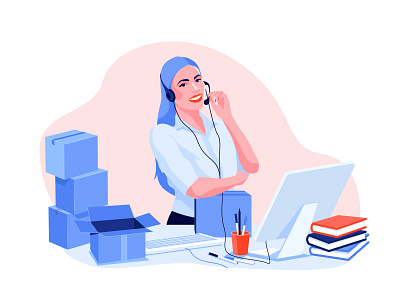 online store call center books box call call center character ecommerce girl illustration keyboard manager office operator shop store table vector web work work desk workplace