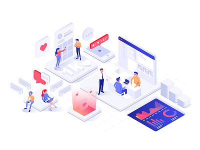 Paid Social (L) facebook illustration infographic instagram isomatric isometric design like message app people social social app web working process working space