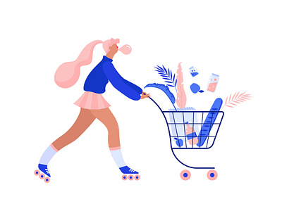 Shopping buy cart cartoon design floral girl illustration leaves pattern people sale shopping shopping cart vector web