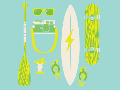Elements 3 apple core beach camera flip flops paddle skateboard sunglasses surfboard