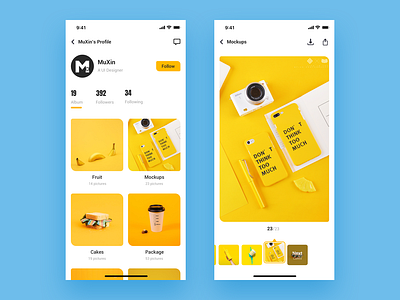 UX | Next Album browse download app follow followers gallery icon app image background image gallery iphone 10 iphonex minimal app mockups next profile design share button ui ux user account user center design ux challenge yellow
