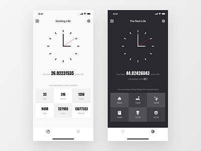 Life Clock battery black white clock grid layout icondesign ideas inspiration iphone 10 layoutdesign life coach minimal app navigation bar night mode product settings time tools uidesign ux ui design years