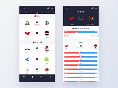 UX | Game Stats champagne dark app data analysis date selector game app icondesign iphone 10 lck leagueoflegends list view lpl minimal app navigation bar progressbar stats support tabbar team ui ux design ux design