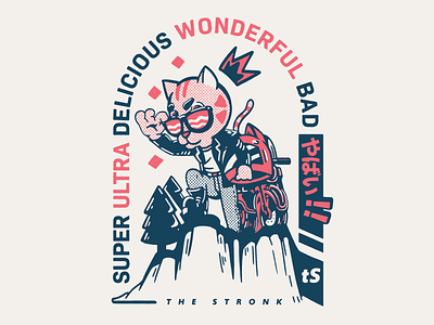 Super Ultra Delicious Wonderful Bad Yabai! badge biker cat crown japanese logo motorcycle pink retro sunglasses
