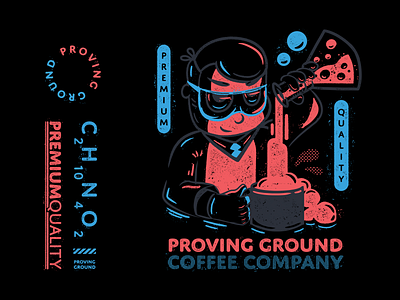 Premium Quality Caffeine - Proving Ground T-shirt Design apparel blue branding coffee design flat halftone illustration lineart linework red science shirt t shirt typography vintage