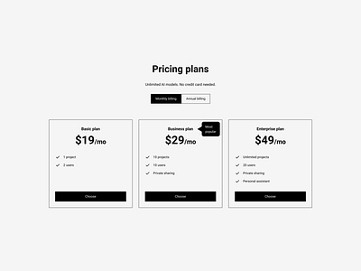 Pricing plans page for AI product