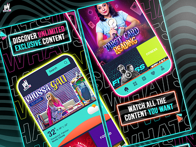 PLAYSTORE SCREENS FOR A VIDEO-ON-DEMAND APP CALLED "WHATSIN" 2023 3d aesthetic app art branding design flat graphic design icon illustration illustrator logo design minimal playstore trendy designs typography ui ux vector