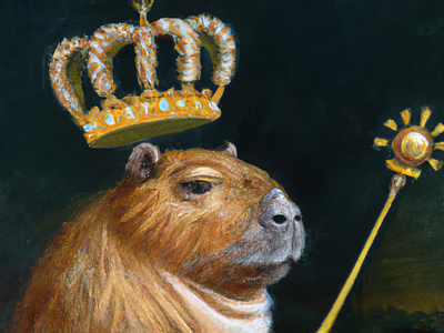 An oil painting portrait of a capybara holding a golden scepter